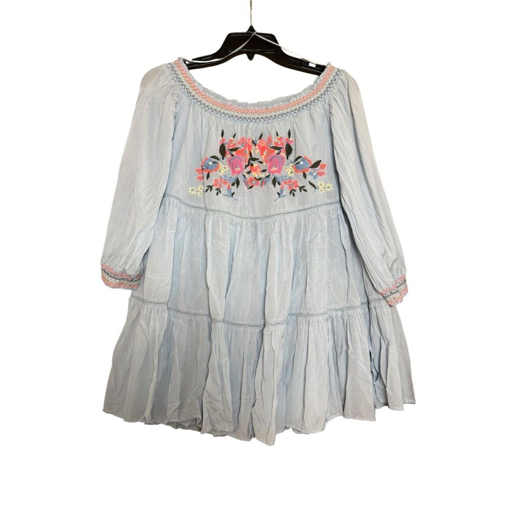 Free People Embroidered Off-The-Shoulder Boho Tiered Mini Dress Light Blue-XS